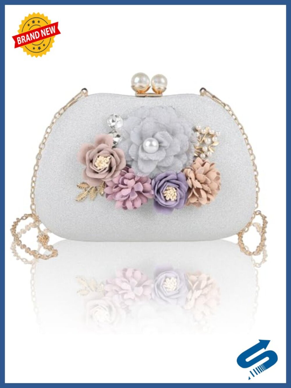Satin Floral Clutch Evening Bag with Pearl Clasp and Chain Strap